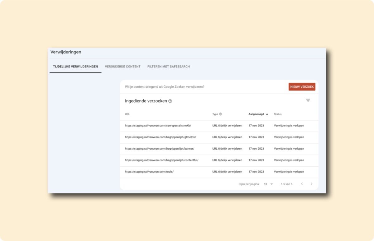 Sección de supresiones Google Search Console